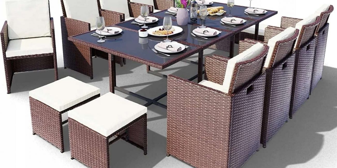 zestaw mebli ogrodowych brązowych z polirattanu stół + 12 krzeseł