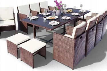 zestaw mebli ogrodowych brązowych z polirattanu stół + 12 krzeseł