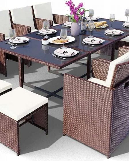 zestaw mebli ogrodowych brązowych z polirattanu stół + 12 krzeseł