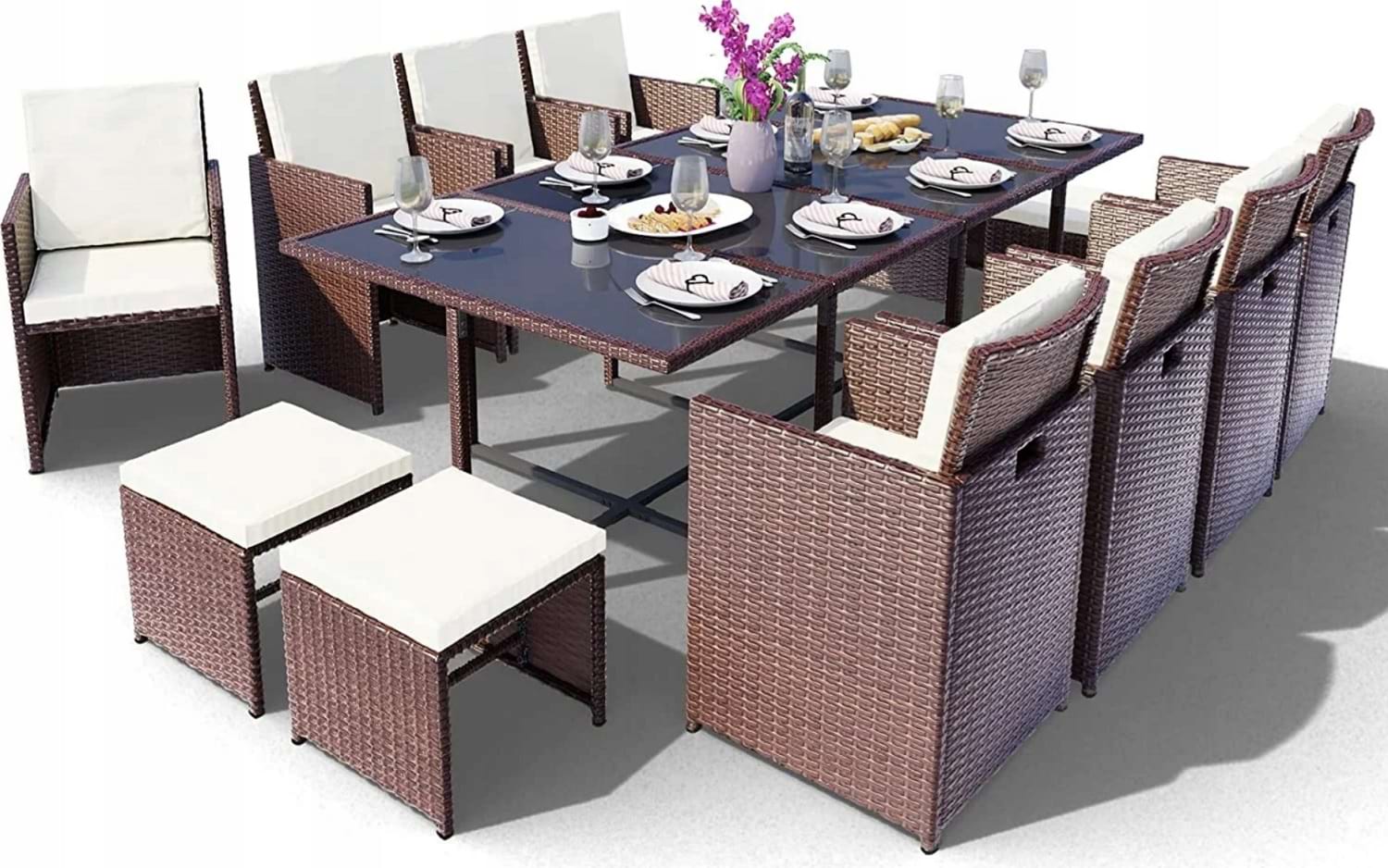 zestaw mebli ogrodowych brązowych z polirattanu stół + 12 krzeseł